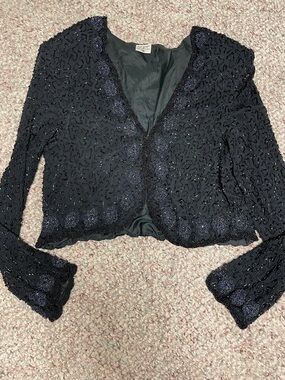 Vintage 100% silk sheer sleeve fully Beaded Black Cropped blazer Jacket - Women